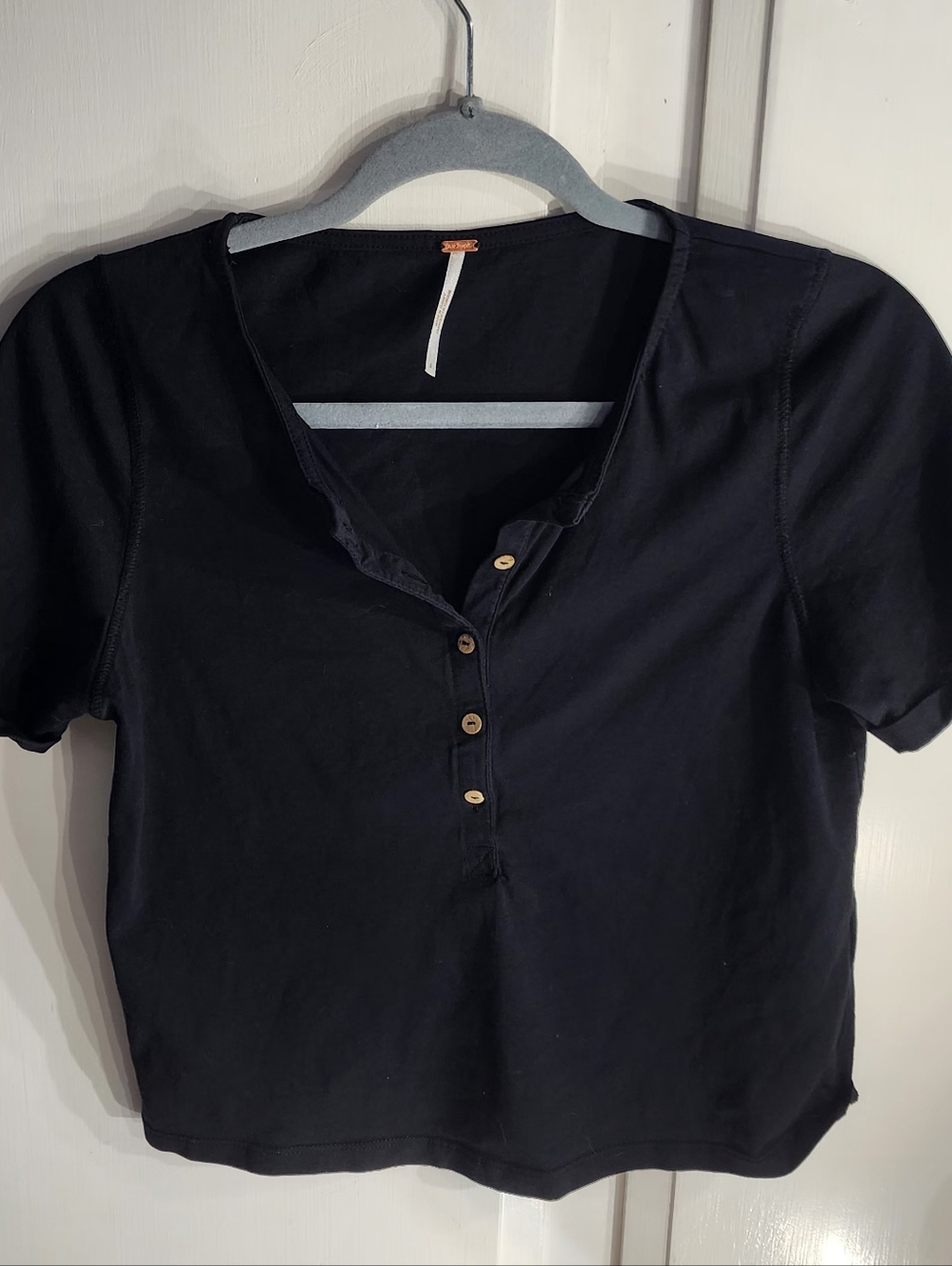 Free People Cotton Black Button Down Short Sleeve Shirt Size S